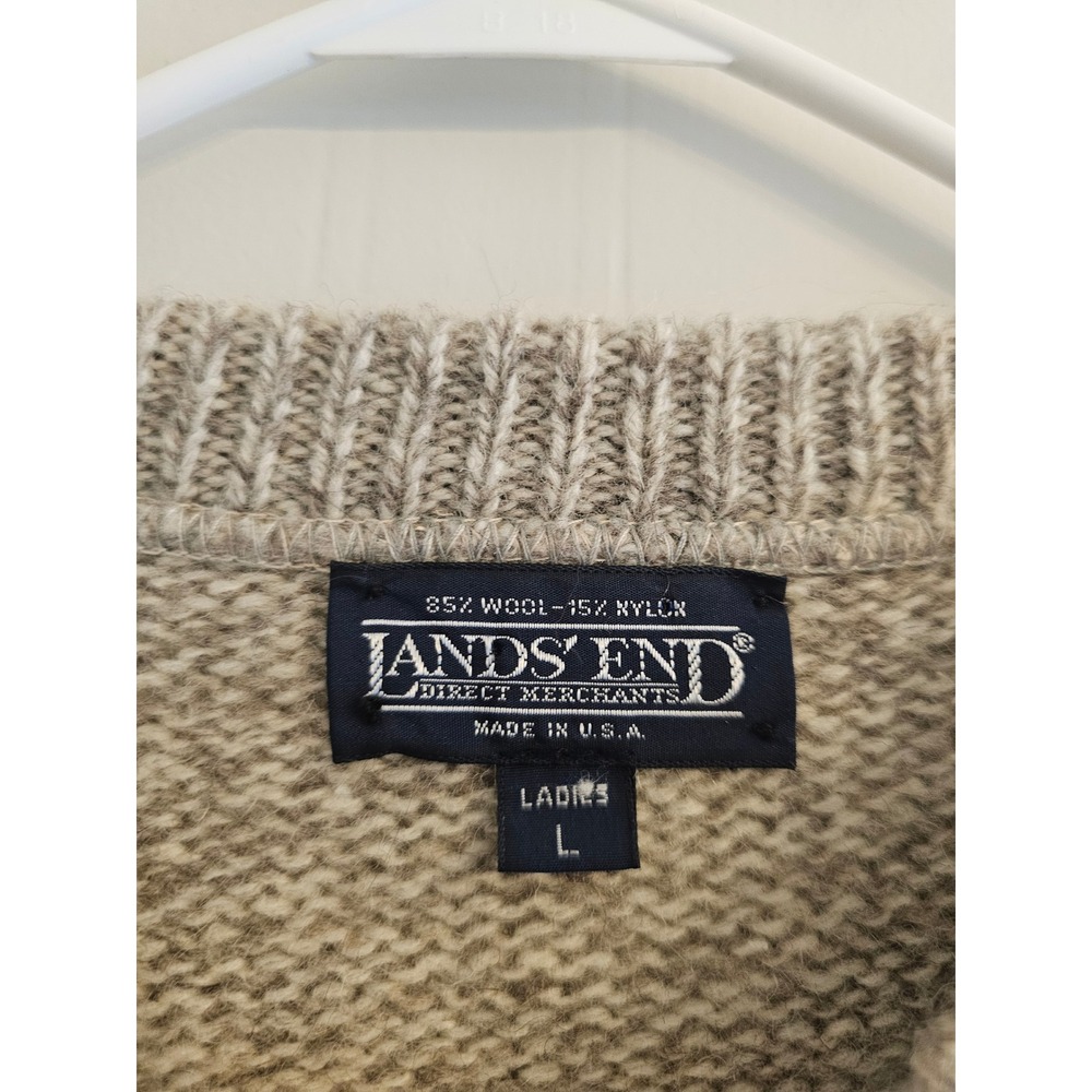 Lands End Vintage 90s Wool Blend Crewneck Sweater oatmeal Marled Knit Large USA - Picture 3 of 4